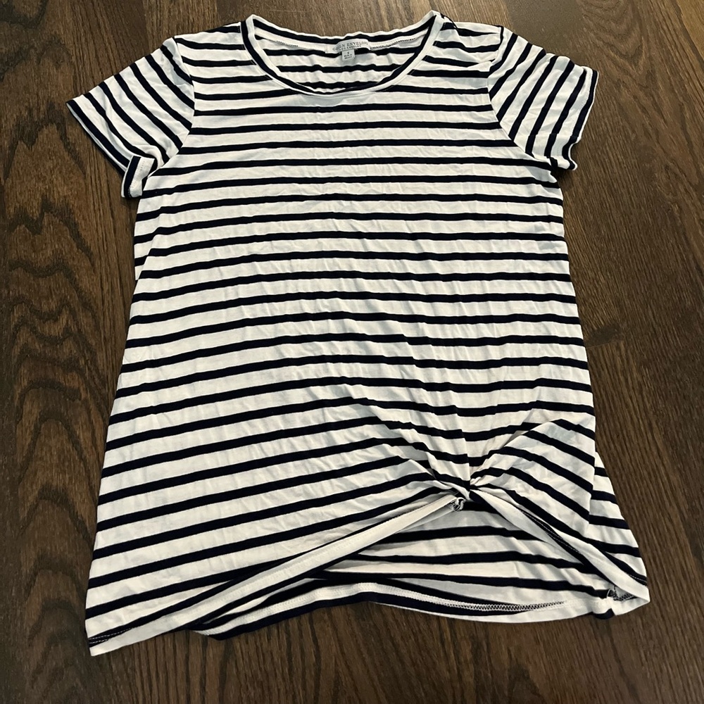 Flowy navy and white stripe shirt could dress up or down very comfortable.